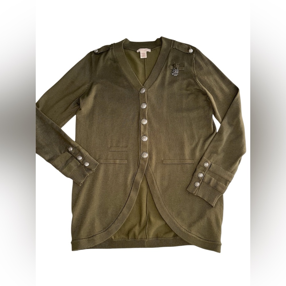 Covington XL Military Style Cardigan Epaulettes Crest Buttons Knit Olive Green